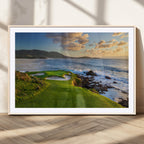 Coastal Golf Course Wall Art Canvas Print, Sunset with Rolling Green Fairways and Ocean Waves