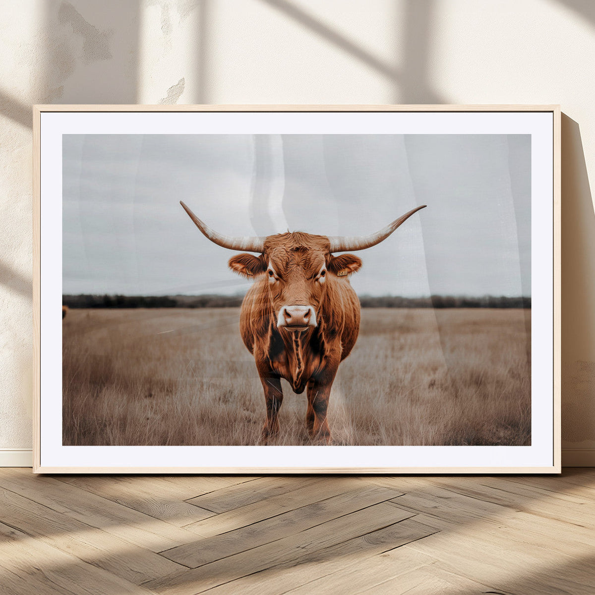 Longhorn Bull Wall Art Canvas Print, Framed Rustic Decor