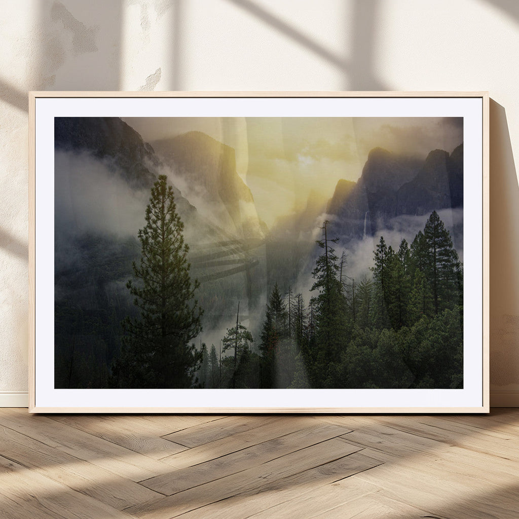 Misty Forest Sunrise Wall Art Canvas Print, Framed Mountain Valley Pine Trees