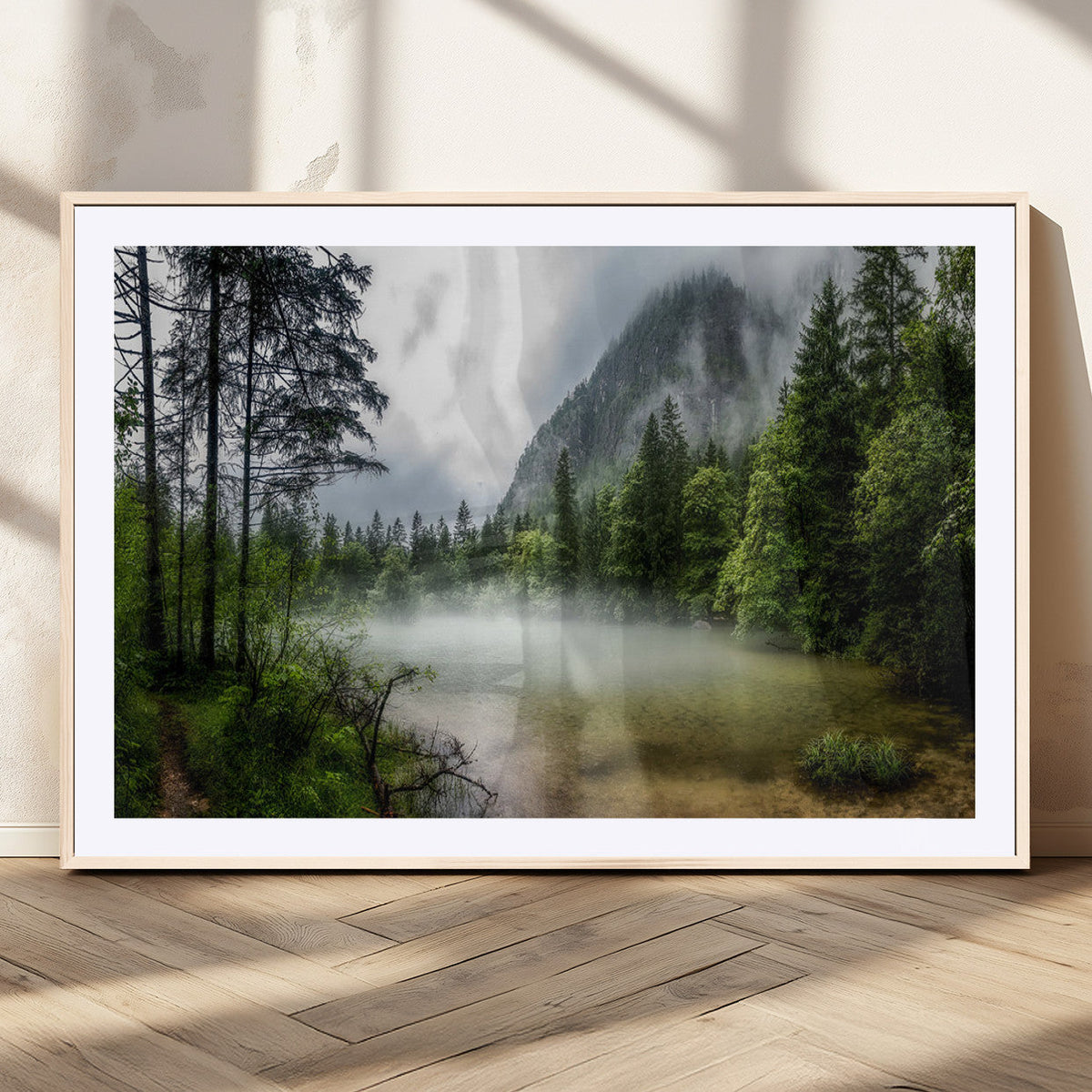 Misty Lake Forest Wall Art, Green Trees and Calm Water Reflection, Mountain Fog Landscape Canvas