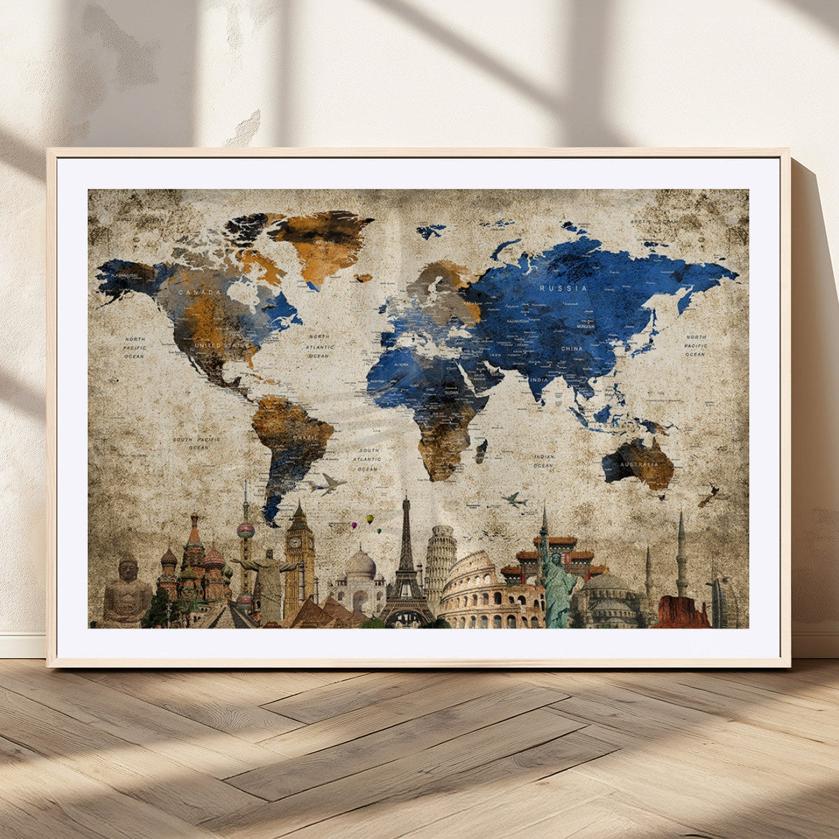 World Map Canvas Print | Vintage Blue and Gold World Map Wall Art