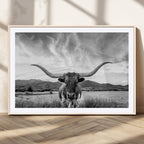 Longhorn Black and White Wall Art | Rustic Western Bull Canvas Print