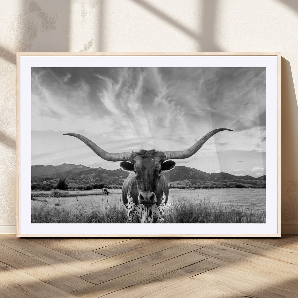 Longhorn Black and White Wall Art | Rustic Western Bull Canvas Print