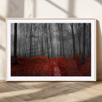 Red Forest Floor Canvas Wall Art | Mystical Foggy Woodland Triptych