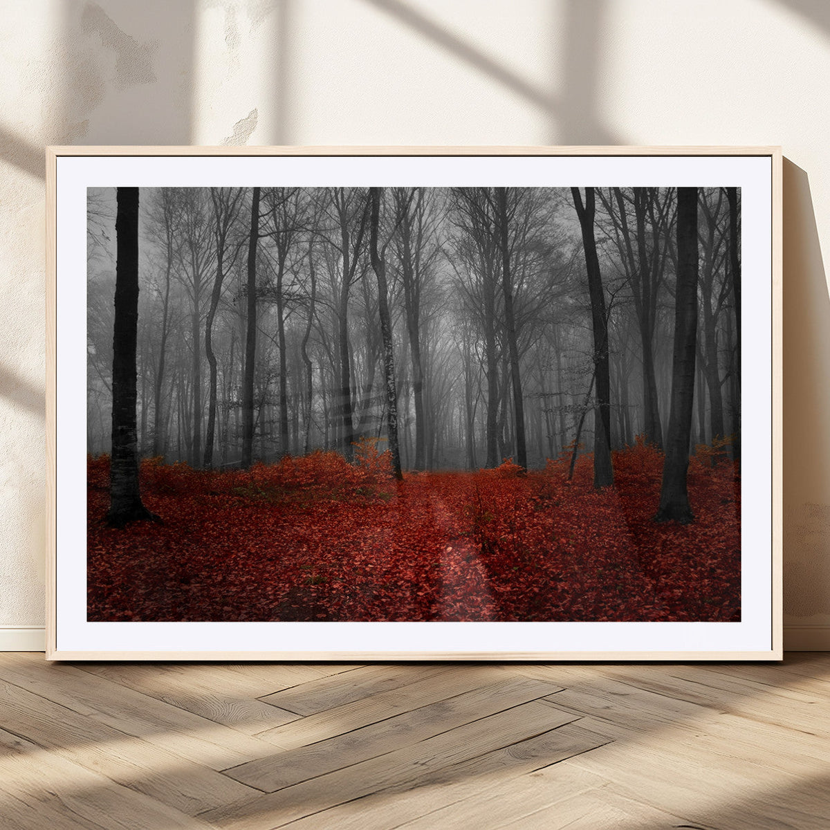 Red Forest Floor Canvas Wall Art | Mystical Foggy Woodland Triptych