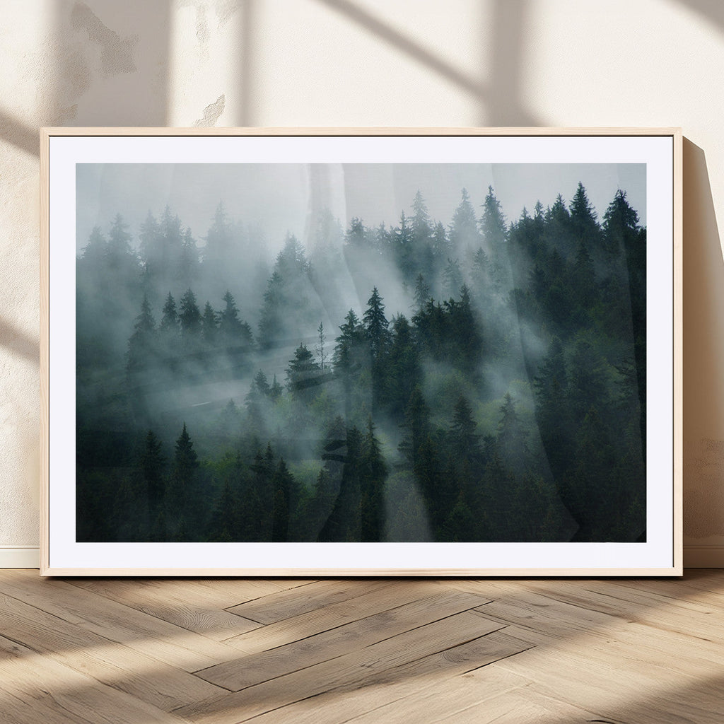 Misty Forest Wall Art | Serene Green Landscape Canvas Print