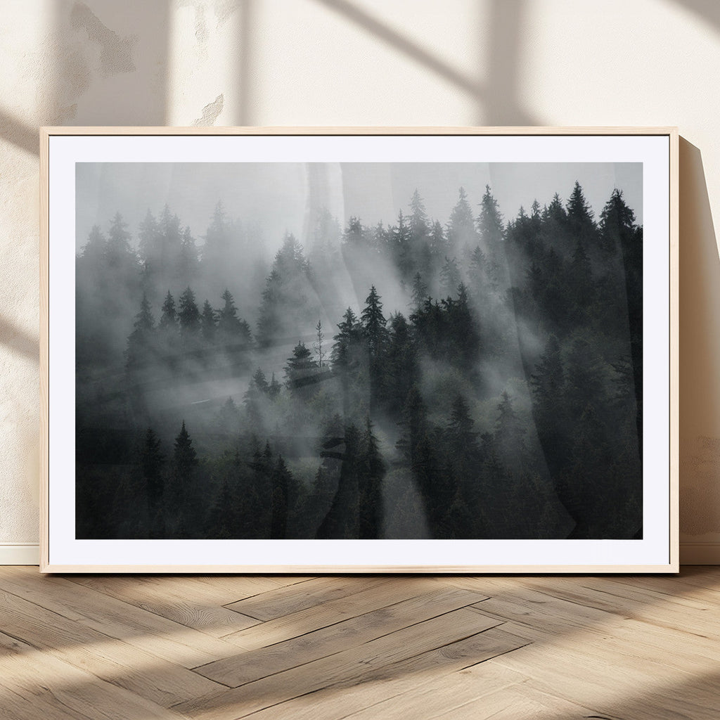 Foggy Forest Wall Art Canvas Print | 3 Panel Large Misty Landscape