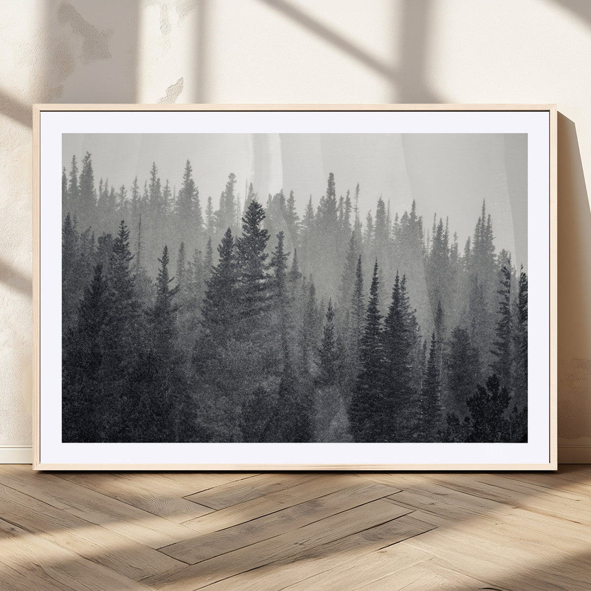 Misty Forest Canvas Wall Art | Monochrome Triptych Pine Tree Print