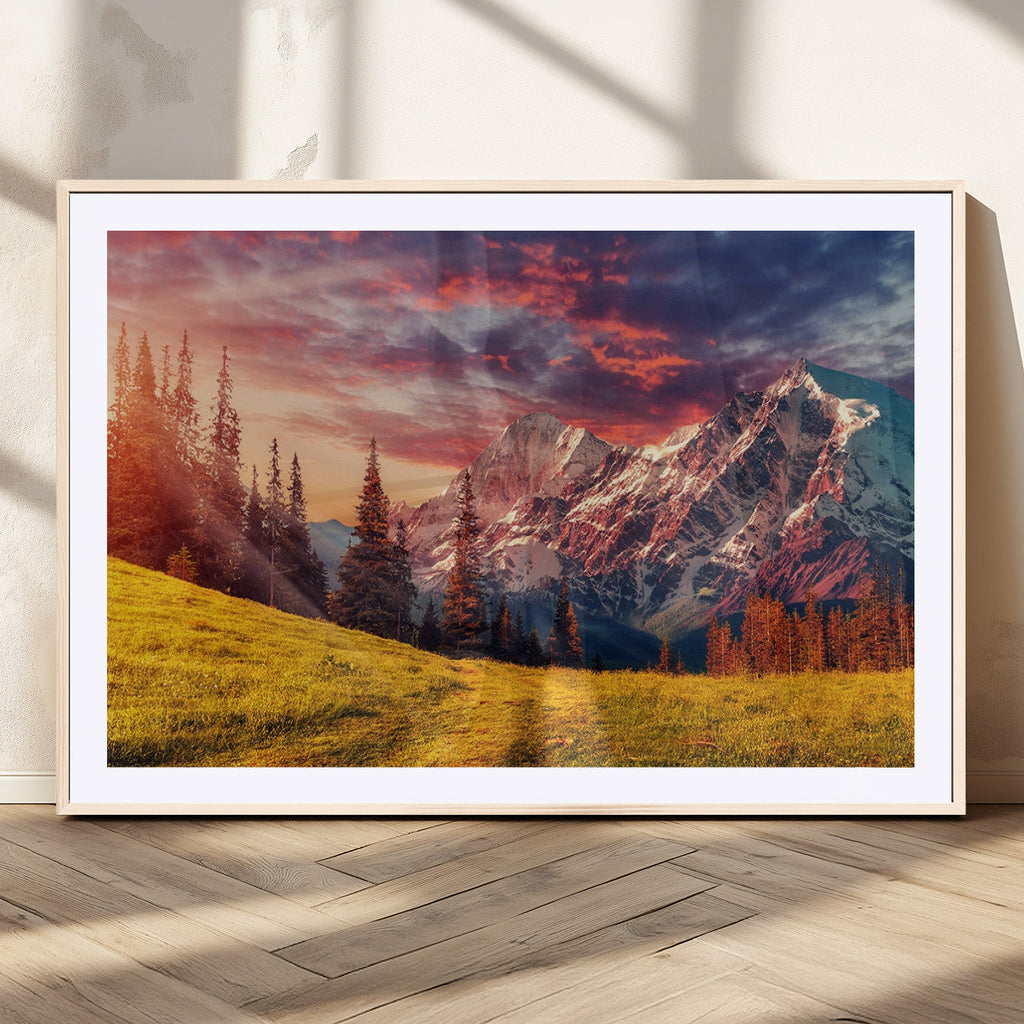 Mountain and Daylight Red Sunset Wall Art Canvas Print