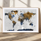 Modern Abstract World Map Canvas Wall Art | Framed Blue and Gold Map Print