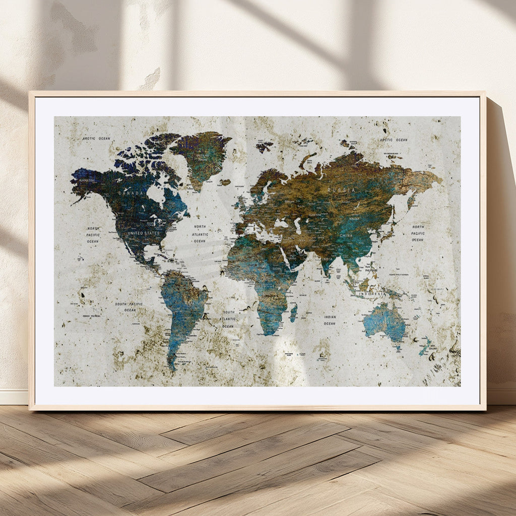 Vintage World Map Wall Art Canvas Print, Framed Rustic Earth Tone Map
