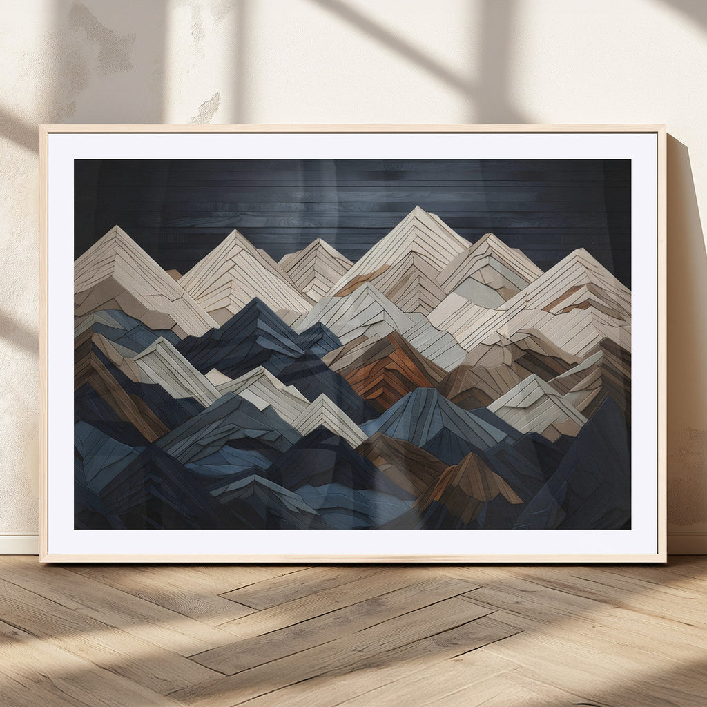 Rustic Mountain Landscape Wall Art Canvas Print, Framed 3D Wooden Effect Mountain Art