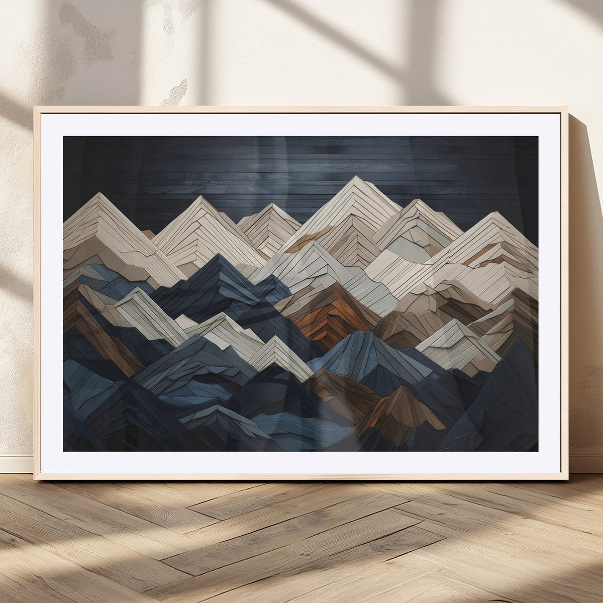 Rustic Mountain Landscape Wall Art Canvas Print, Framed 3D Wooden Effect Mountain Art