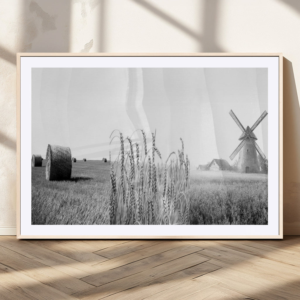 Vintage Farmhouse Black and White Triptych Wall Art, Giclee Canvas with Wheat Fields, Hay Bales and Windmill