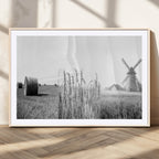 Vintage Farmhouse Black and White Triptych Wall Art, Giclee Canvas with Wheat Fields, Hay Bales and Windmill