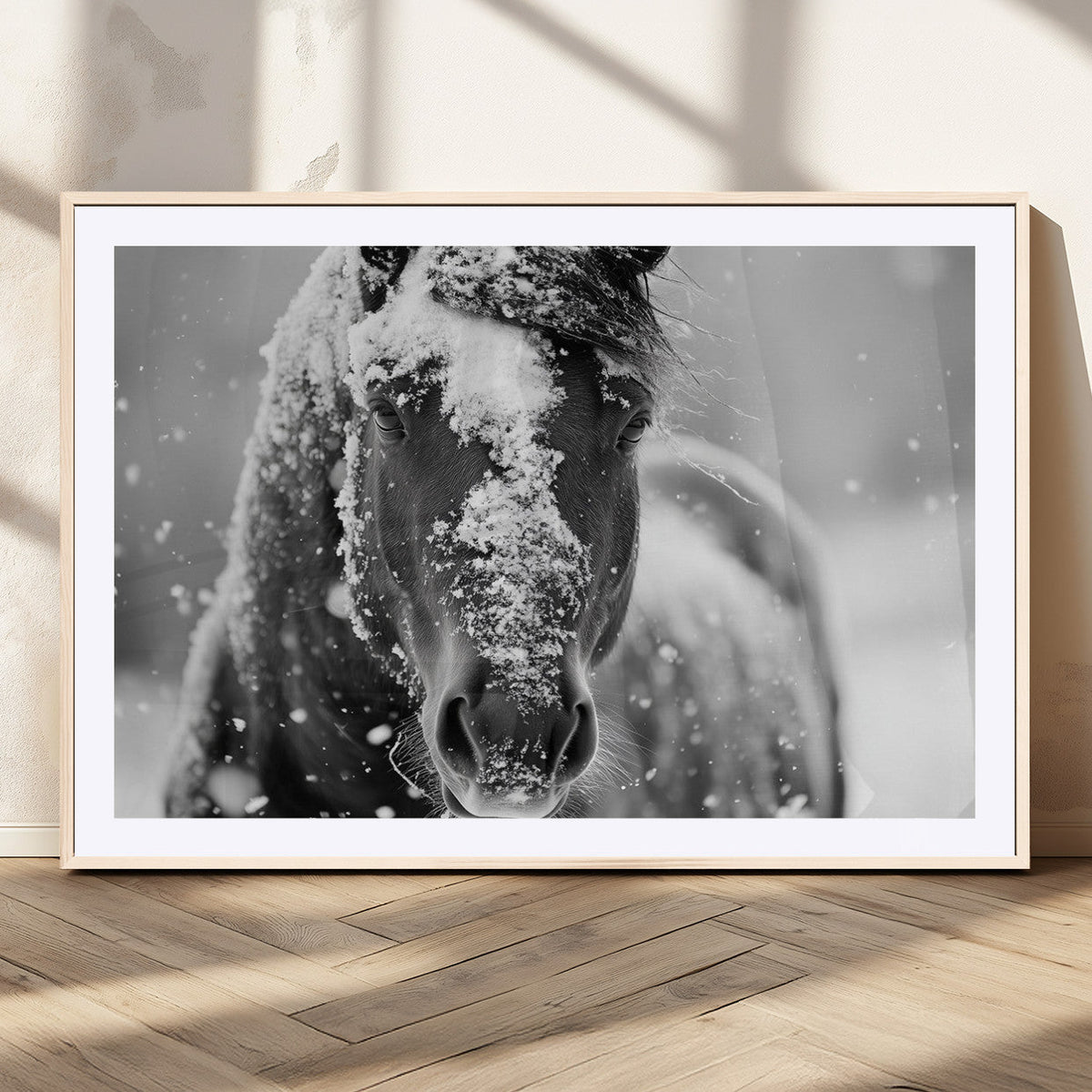 Black and White Horse Winter Wall Art, Ready to Hang