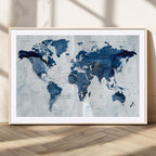 Modern Blue World Map Canvas Print | Elegant Travel Map Wall Art for Home Office