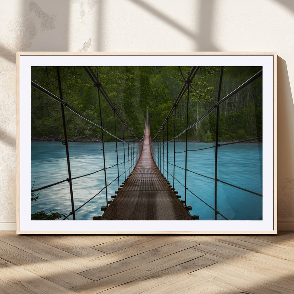 Suspension Bridge Over River Canvas Art | 3-Panel Nature Wall Art