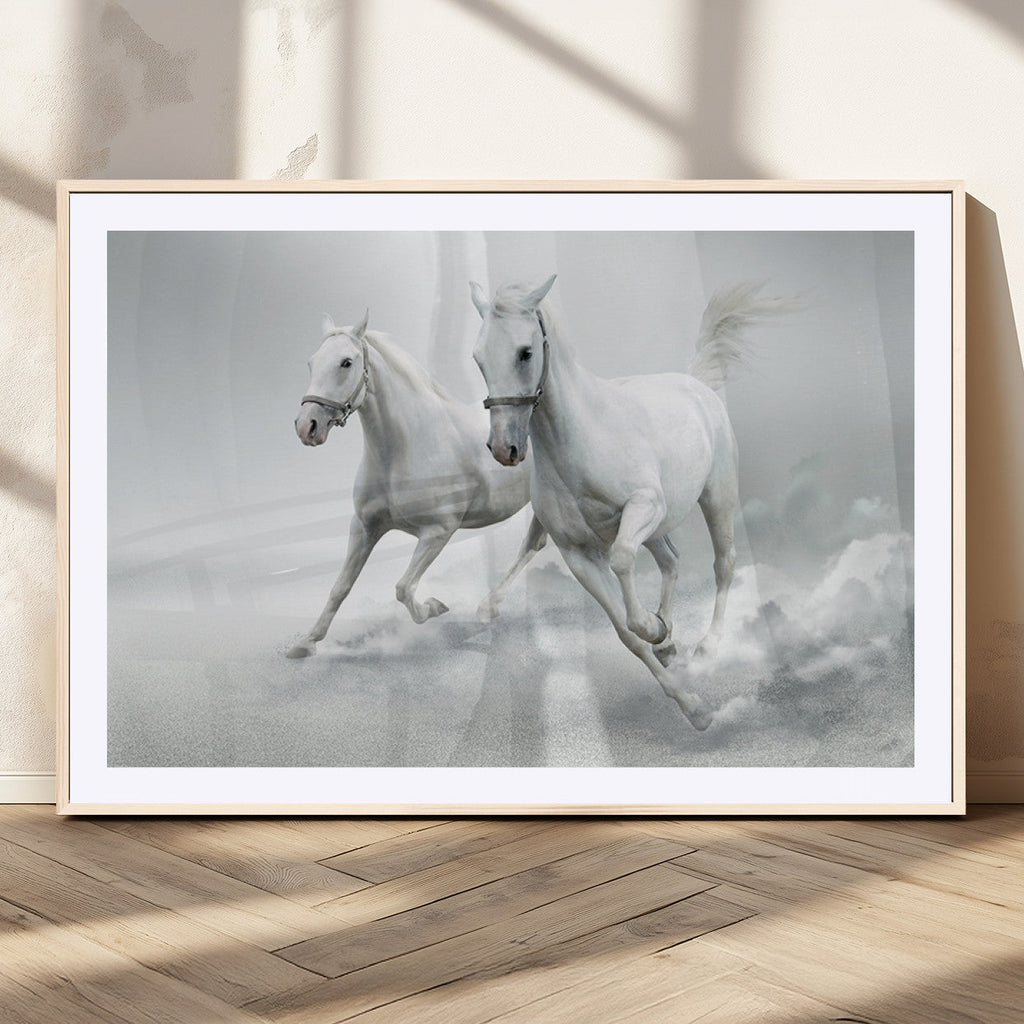 Large Wall Art Canvas Print, Beautiful Running White Horses