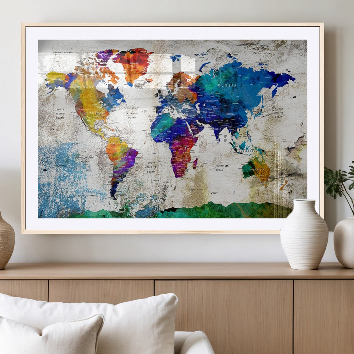 Navy Blue and Orange Watercolor World Map Canvas Print | Framed Travel Map