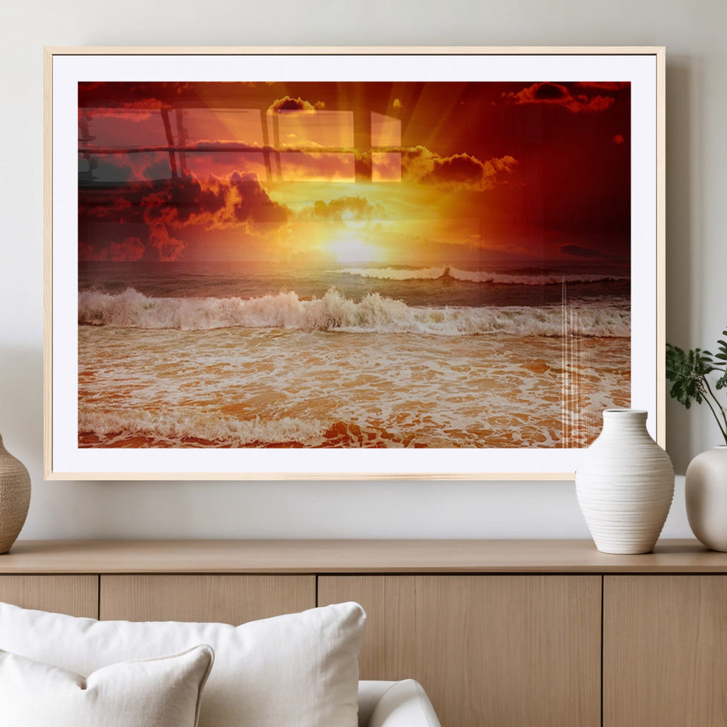 Red Sunset Ocean Beach Canvas Wall Art, Coastal Sunset Print