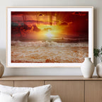 Red Sunset Ocean Beach Canvas Wall Art, Coastal Sunset Print