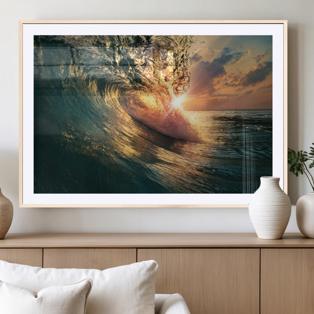 Ocean Wave Sunset Canvas Wall Art | Triptych Seascape Print