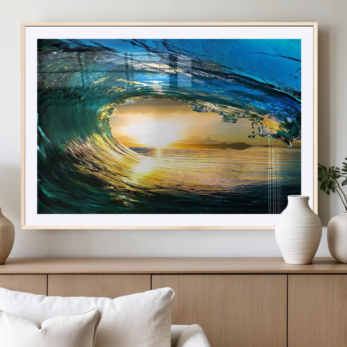 Ocean Wave at Sunset Canvas Art, Large Wall Print of Vibrant Surfing Wave