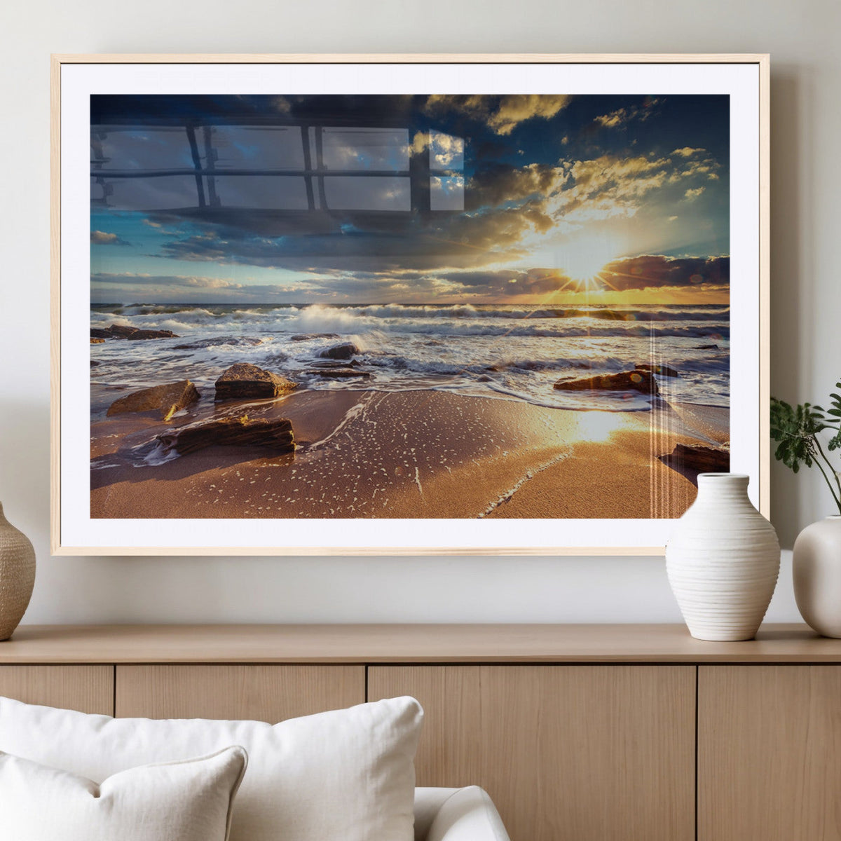 Golden Hour Beach Sunset Canvas Triptych, Ocean Waves and Rocks Wall Art