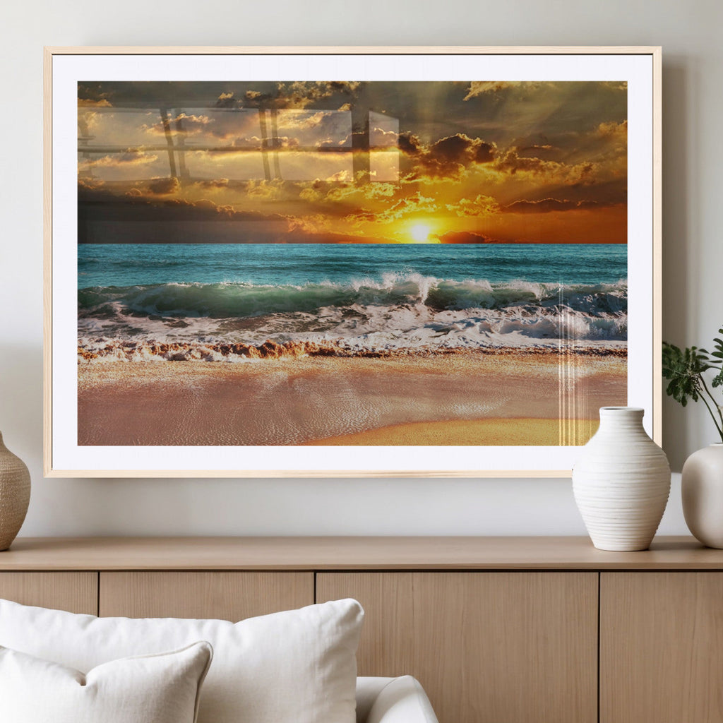 Golden Sunset Beach Canvas Wall Art | Triptych Seascape Print, Framed and Ready to Hang