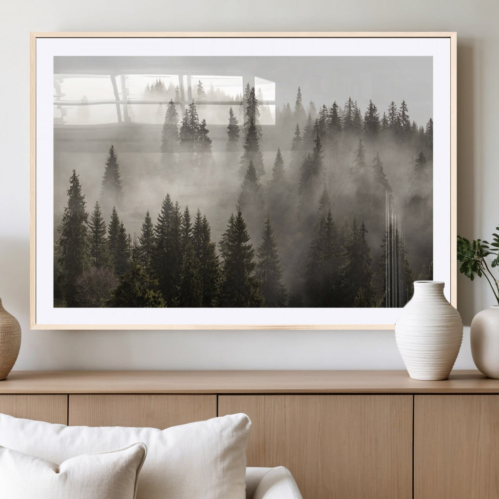 Foggy Mountain Wall Art | 3-Panel Foggy Forest and Mountain Landscape Canvas Print