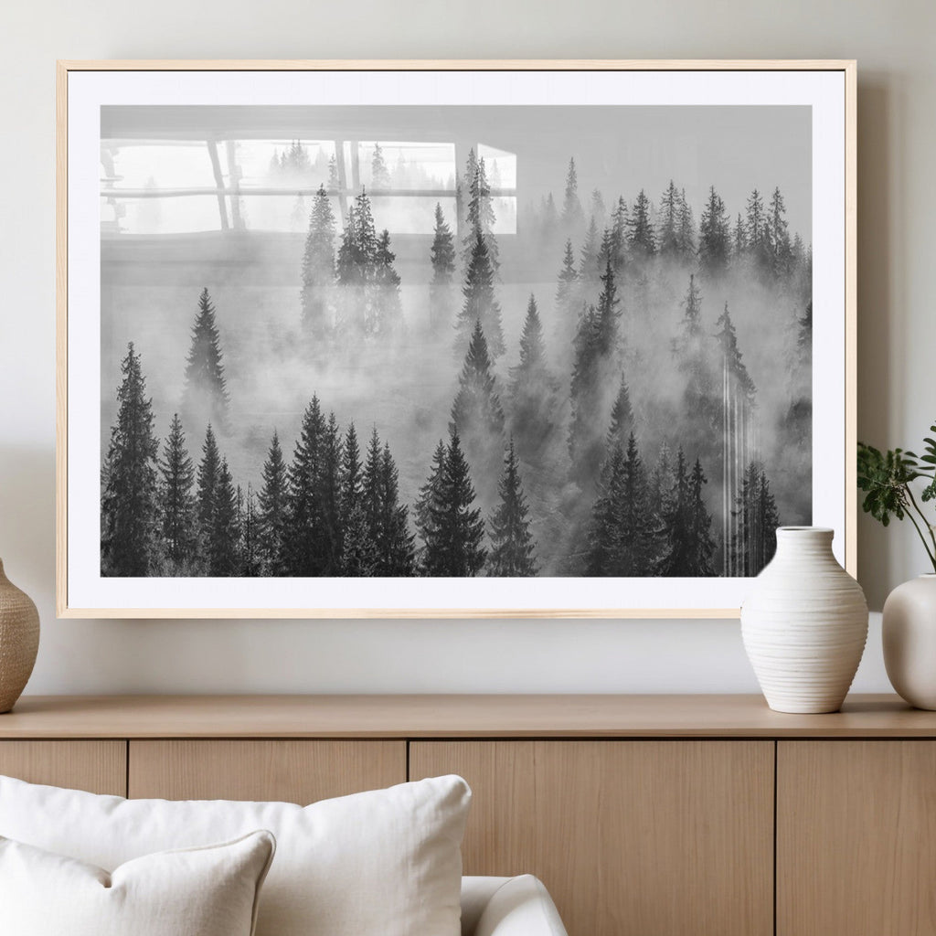 Forest Wall Art Print | Foggy Pine Forest Canvas Wall Art, Black and White Nature Decor