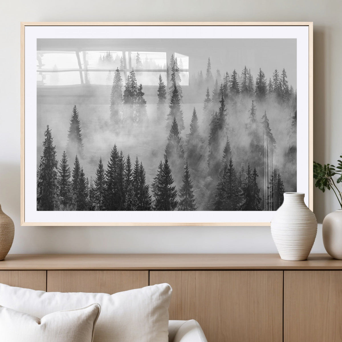 Forest Wall Art Print | Foggy Pine Forest Canvas Wall Art, Black and White Nature Decor
