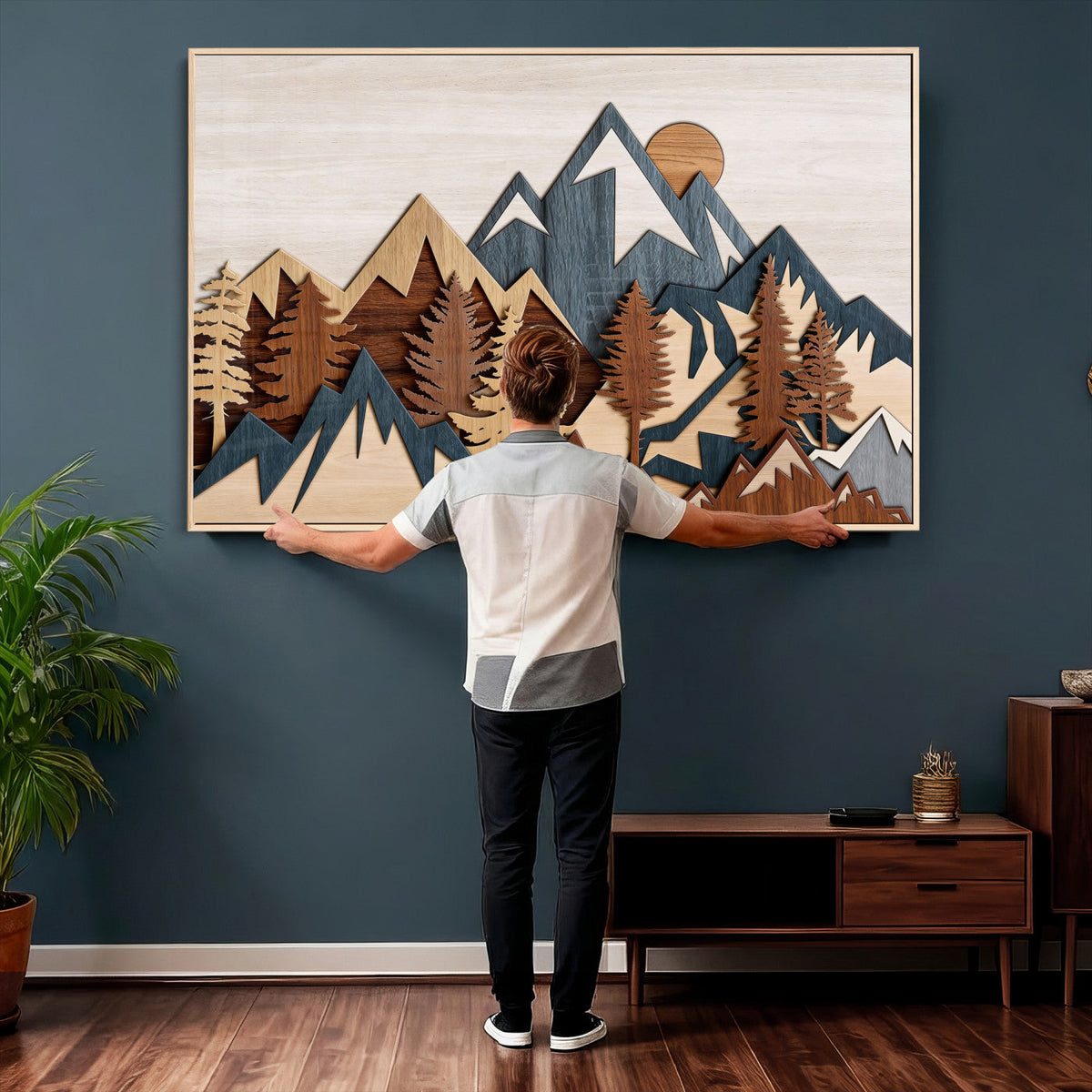 Rustic Abstract Wood Panel Effect Canvas | Mountain Range Top Wood Wall Art Canvas Print