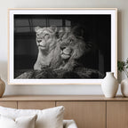 Lion Couple Wall Art Canvas Print, Elegant Black and White Wildlife Portrait