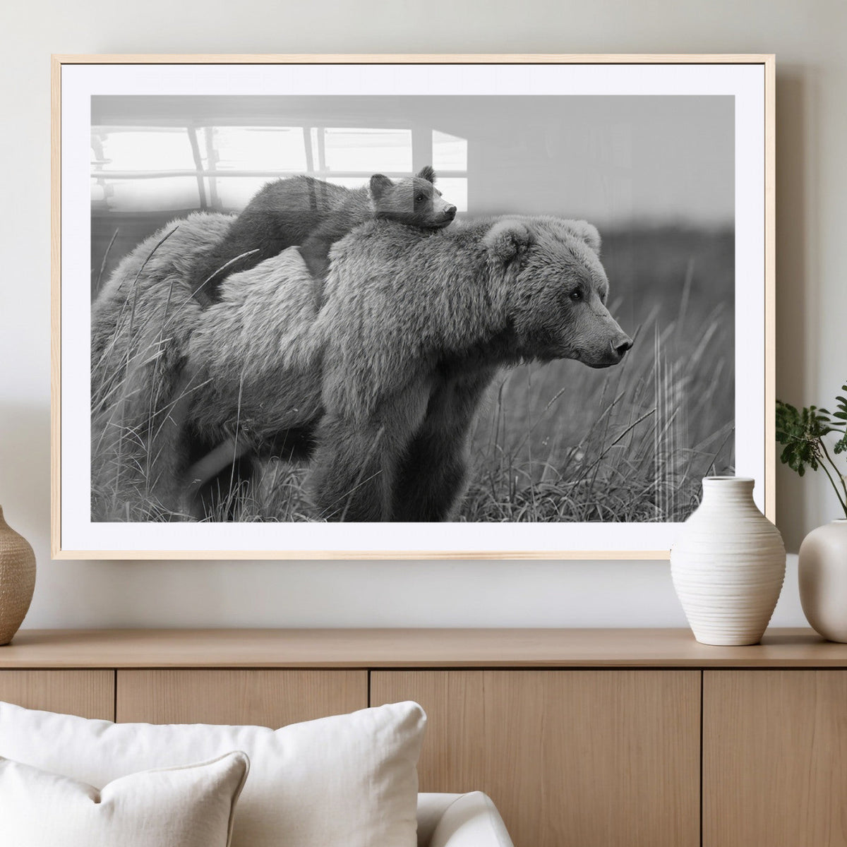Bear and Cub Wall Art Canvas | Grizzly 399 Bear and Cub Black and White Wildlife Print