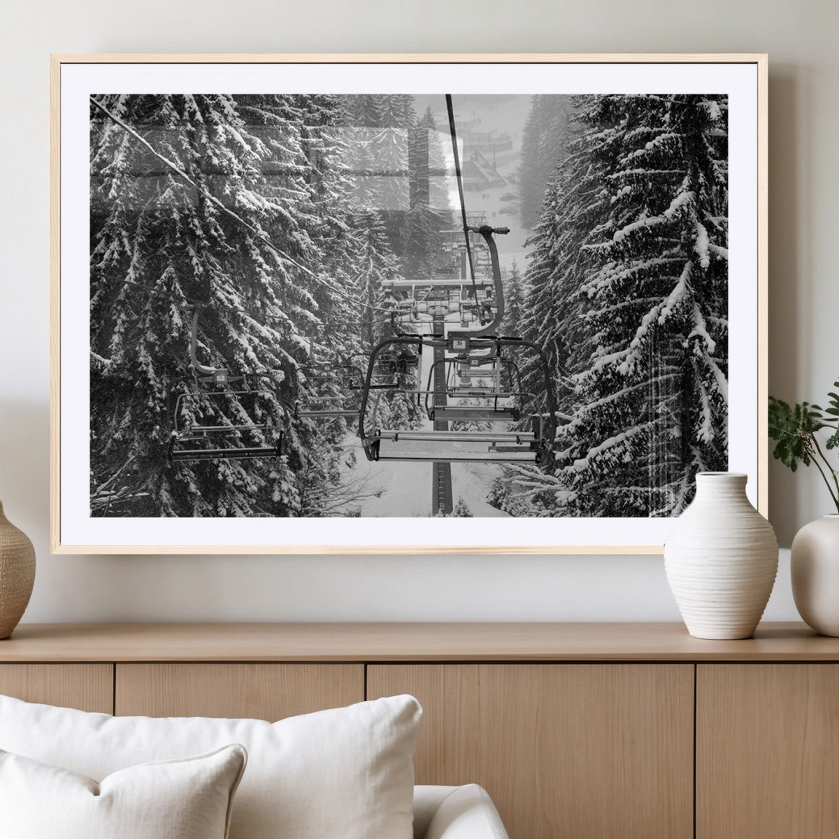 Winter Ski Lift Black and White Canvas Wall Art | Alpine Escape in Minimalist Style
