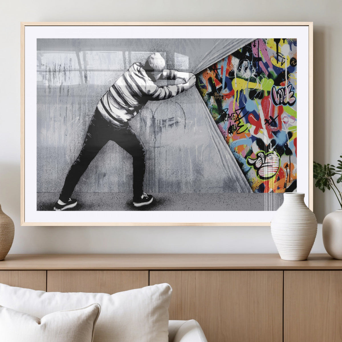 Banksy Art Behind the Curtain Street Wall Art Canvas Print | Urban Graffiti Style Wall Decor