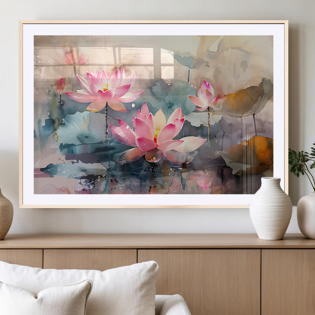 Lotus Flower Wall Art | 3 Panel Giclee Canvas Print of Pink Lotus Blossoms