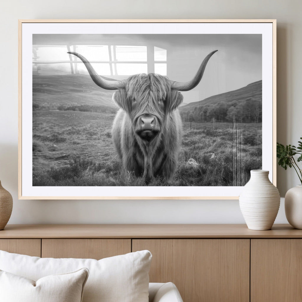 Black White Scottish Highland Cow Canvas Farm Wall Art