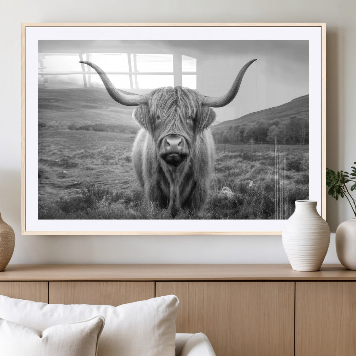 Black White Scottish Highland Cow Canvas Farm Wall Art