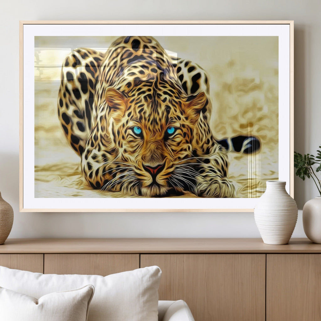 Blue-Eyed Leopard Canvas Wall Art, Framed Animal Print, Fierce and Bold Decor for Living Rooms