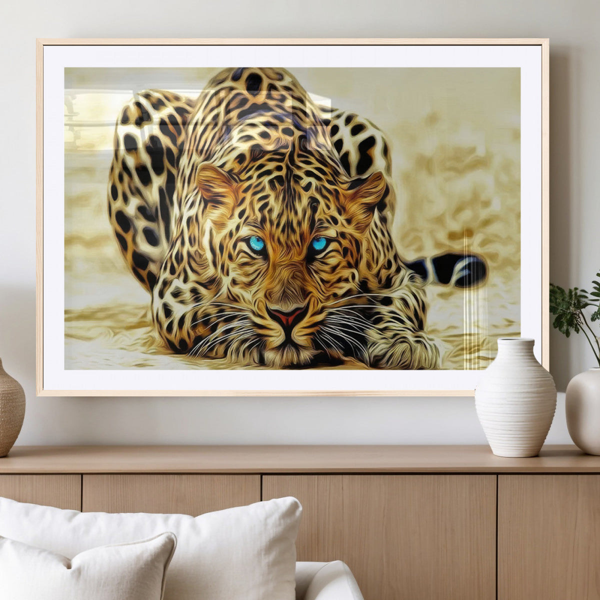 Blue-Eyed Leopard Canvas Wall Art, Framed Animal Print, Fierce and Bold Decor for Living Rooms