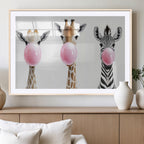 Bubblegum Animals Canvas Wall Art, Playful Giraffe and Zebra Trio, Whimsical Nursery and Kids Room Decor