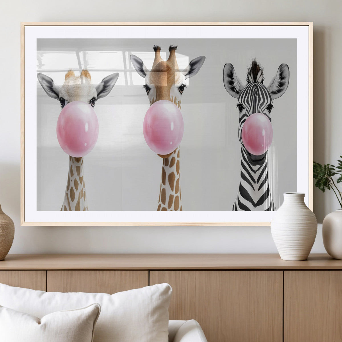 Bubblegum Animals Canvas Wall Art, Playful Giraffe and Zebra Trio, Whimsical Nursery and Kids Room Decor