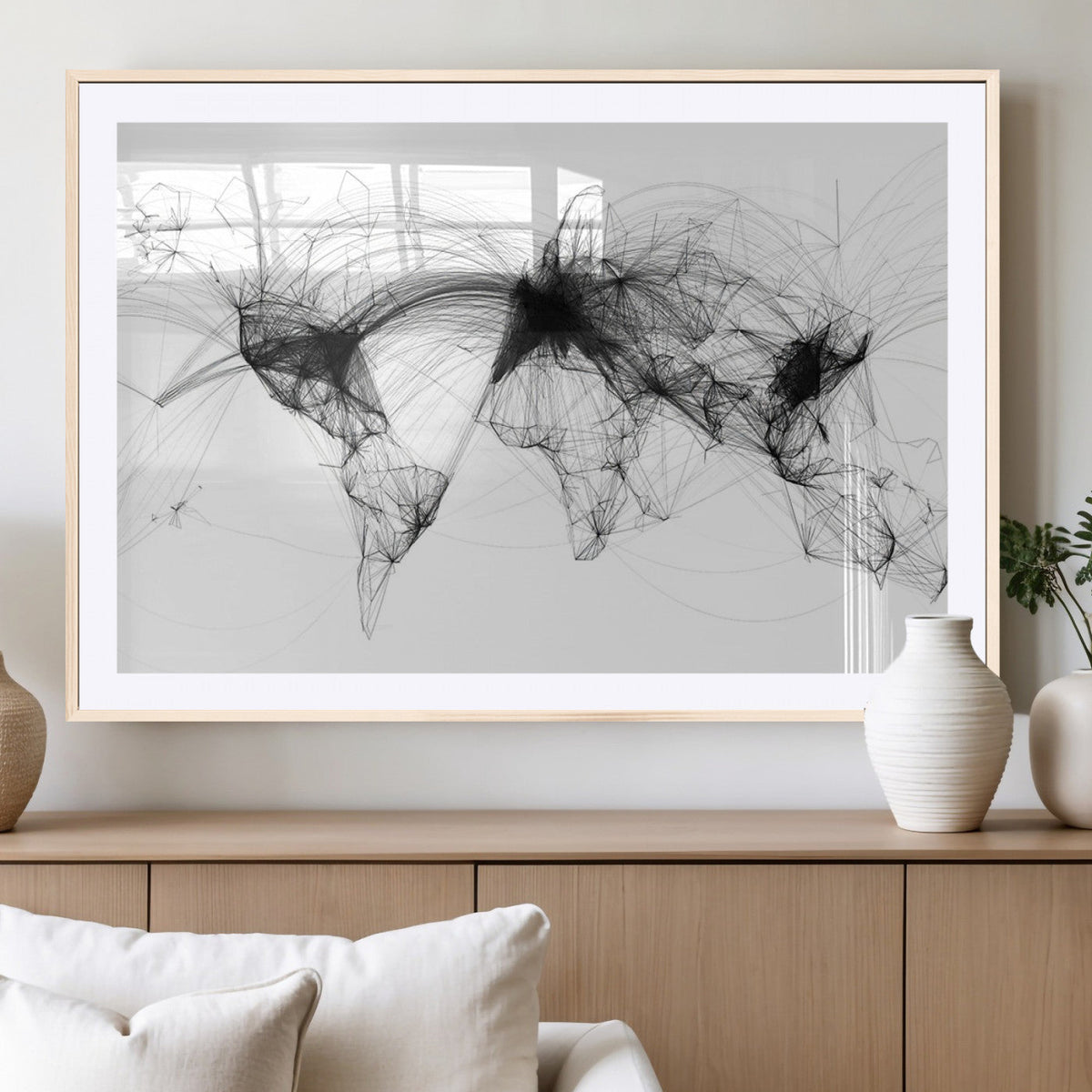 Abstract World Map Wall Art | Framed Geometric Line Canvas