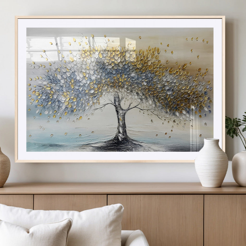 Golden and Silver Tree Wall Art | Framed Elegant Leaves Canvas