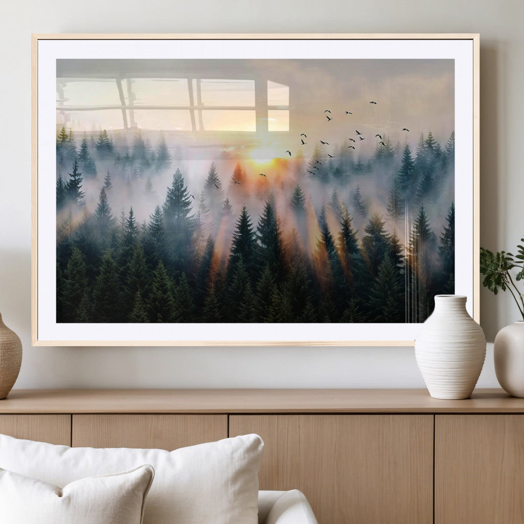 Abstract Forest Wall Art, Serene Nature Canvas Print with Misty Forest Design for Modern Home Decor