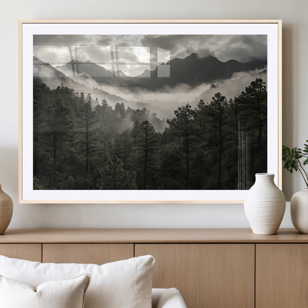 Moody Forest Wall Art | Framed Mountain Fog Canvas Artwork