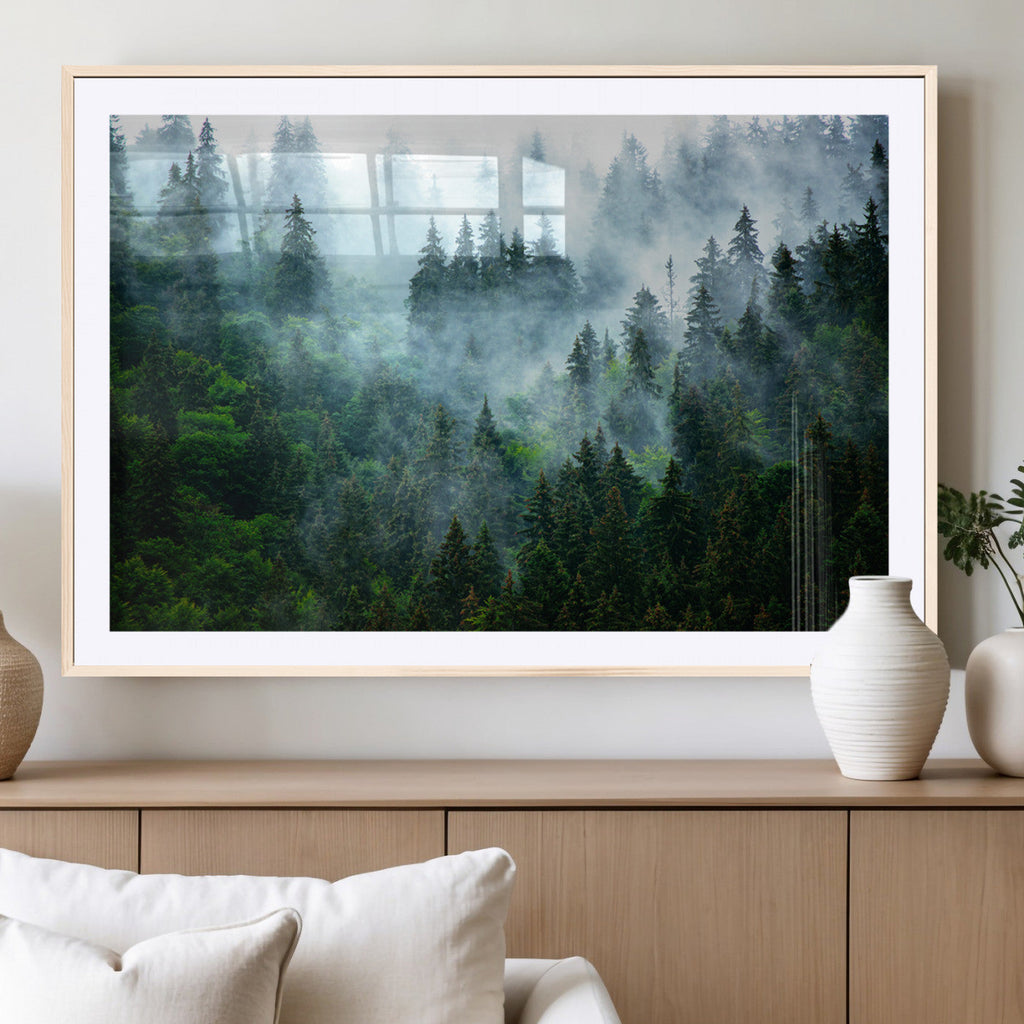 Misty Forest Wall Art Canvas Print, Framed Foggy Mountain Art, Large Scenic Woodland Canvas